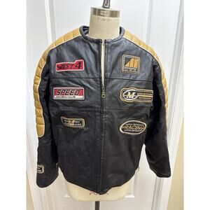 Men’s Leather MotoCross Racing Jacket Size L Black/Gold Patches Zip Front